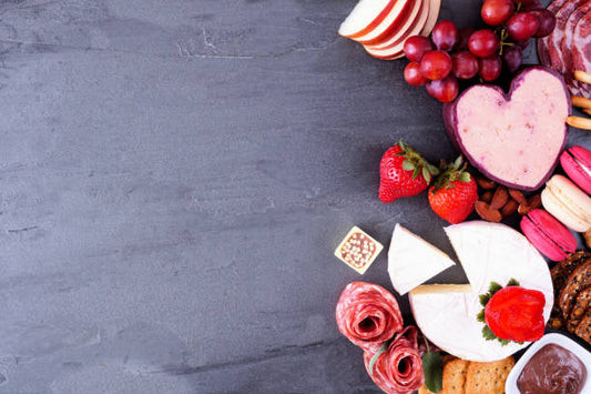 Valentine's day Cheese and Charcuterie board with heart-shaped treats